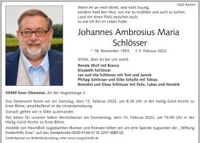 Traueranzeige Johannes Schlösser